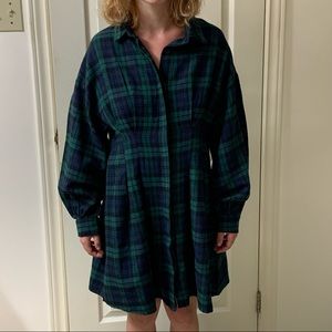 🌷3 for$25🌷SHEIN, US L, Blue & Green Plaid Puff Sleeve Flannel Shirt Dress